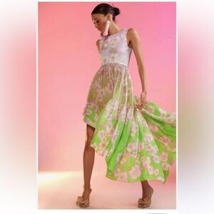 Cynthia Rowley Ramie Pink and Green Floral High Low Dress | M